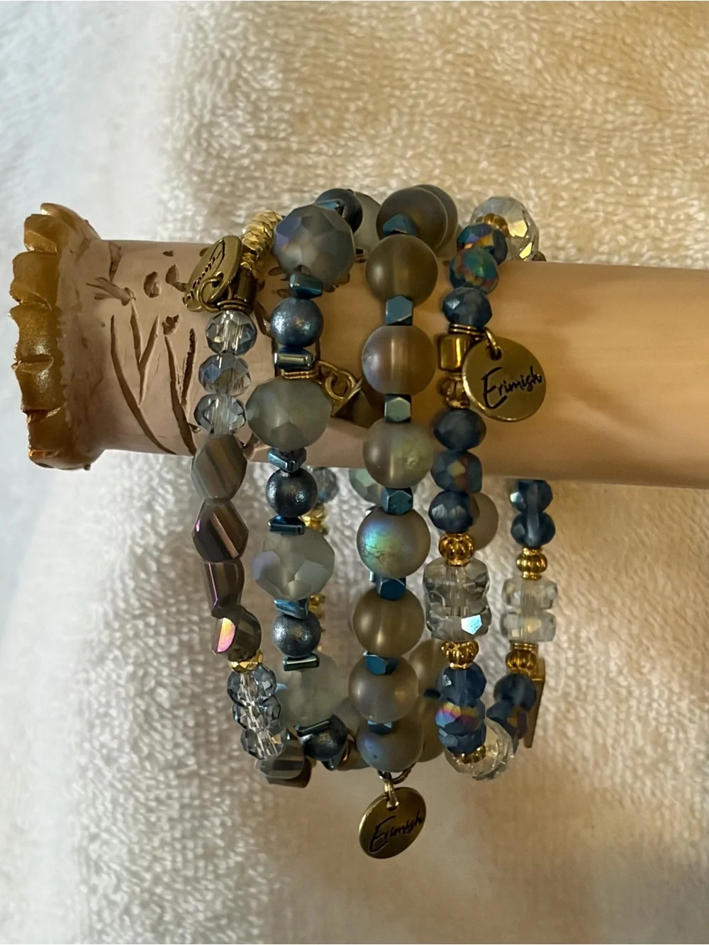 Erimish Blue & Gray Beaded Stack Bracelet Set with Gold Accents